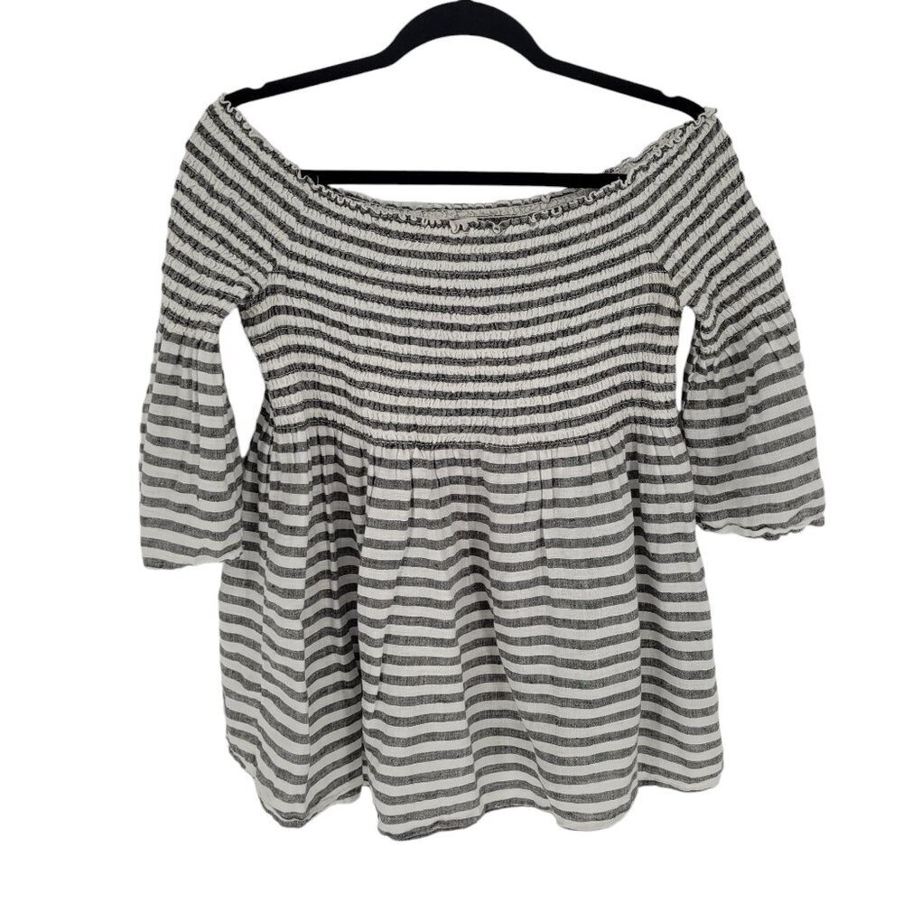 C&c California womens medium gray white stripe linen smocked off shoulder blouse